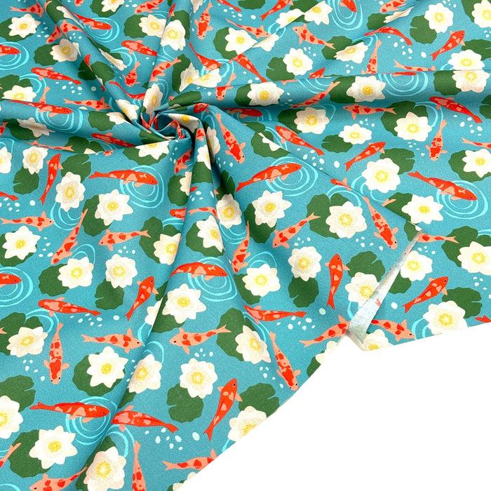 Tissu cotonnade motif japonais KOï aux poissons carpes koï & nénuphars, fond bleu d'eau - OEKO - TEX - TissusPapi.com