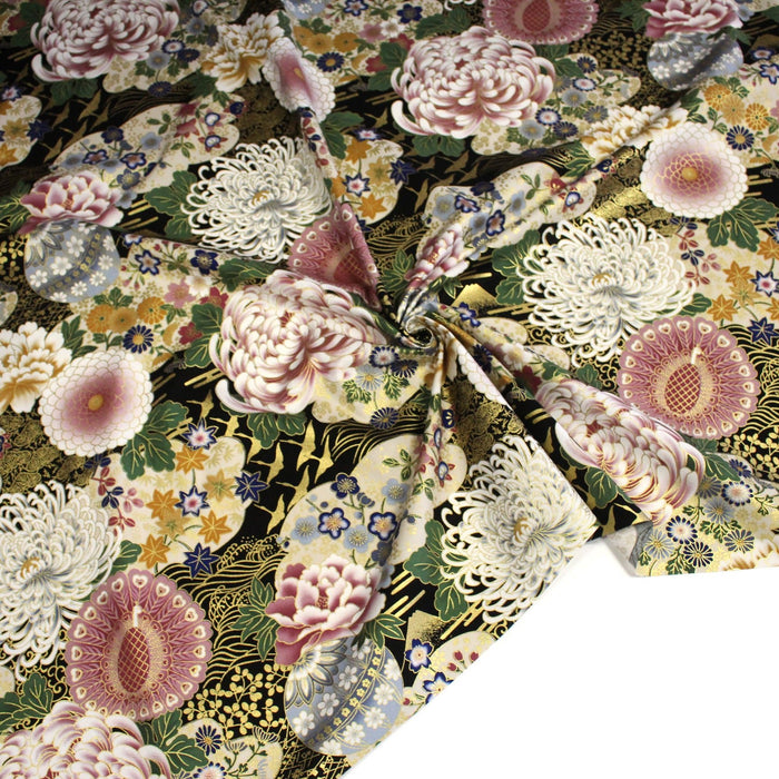 Tissu coton motif japonais aux pivoines & chrysanthèmes dorés, fond rouge ou noir - COLLECTION JAPON DORÉ - TissusPapi.com