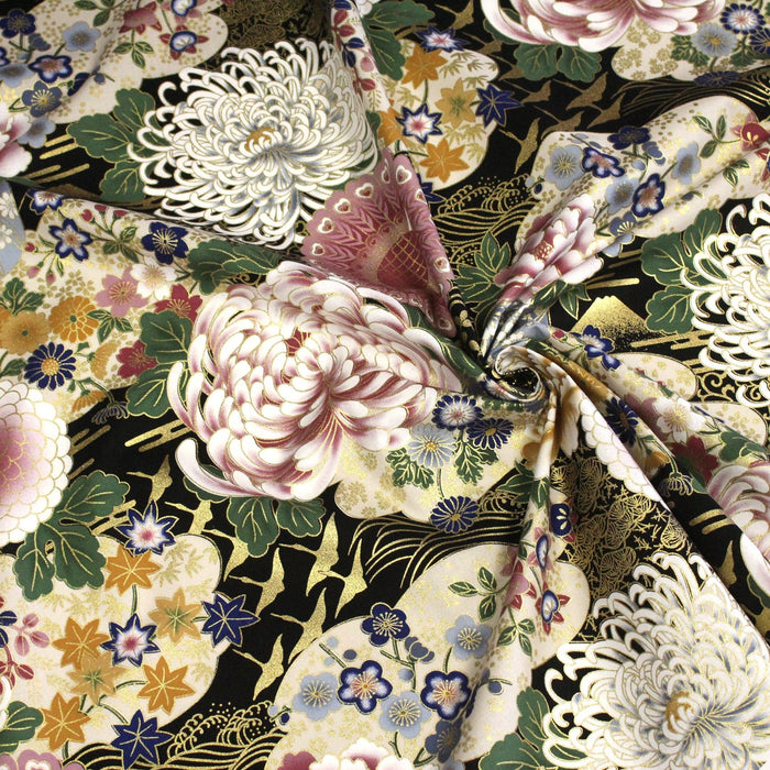 Tissu coton motif japonais aux pivoines & chrysanthèmes dorés, fond rouge ou noir - COLLECTION JAPON DORÉ - TissusPapi.com