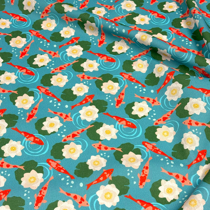 Tissu cotonnade motif japonais KOï aux poissons carpes koï & nénuphars, fond bleu d'eau - OEKO - TEX - TissusPapi.com