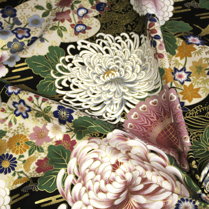 Tissu coton motif japonais aux pivoines & chrysanthèmes dorés, fond rouge ou noir - COLLECTION JAPON DORÉ - TissusPapi.com