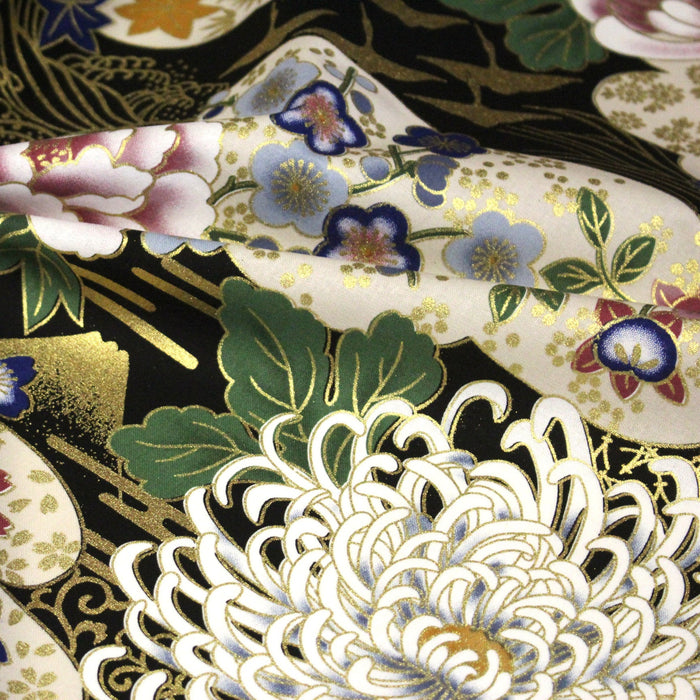 Tissu coton motif japonais aux pivoines & chrysanthèmes dorés, fond rouge ou noir - COLLECTION JAPON DORÉ - TissusPapi.com