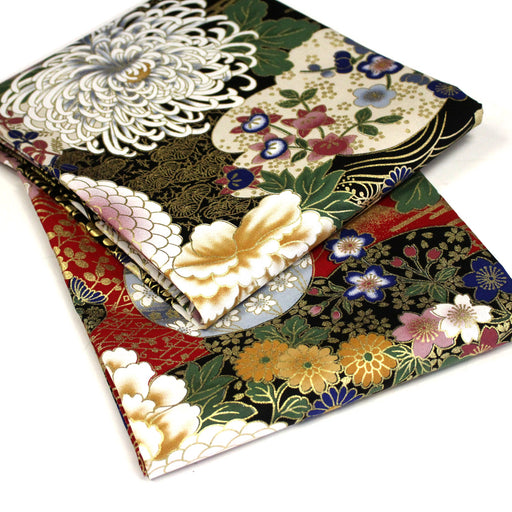 Tissu coton motif japonais aux pivoines & chrysanthèmes dorés, fond rouge ou noir - COLLECTION JAPON DORÉ - TissusPapi.com