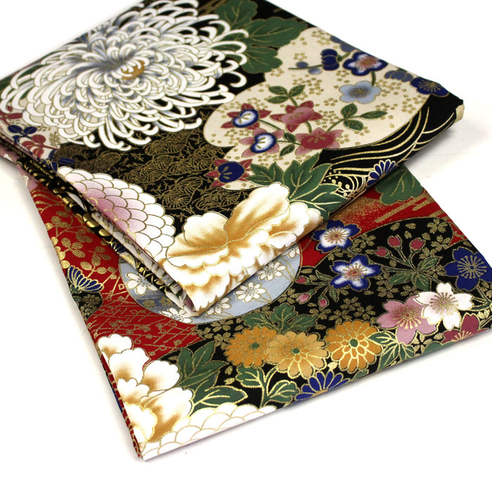 Tissu coton motif japonais aux pivoines & chrysanthèmes dorés, fond rouge ou noir - COLLECTION JAPON DORÉ - TissusPapi.com