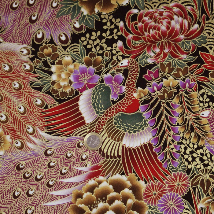 Tissu coton motif japonais aux paons dorés, tons bleus & rouges ou mauves & rouge - COLLECTION JAPON DORÉ - TissusPapi.com