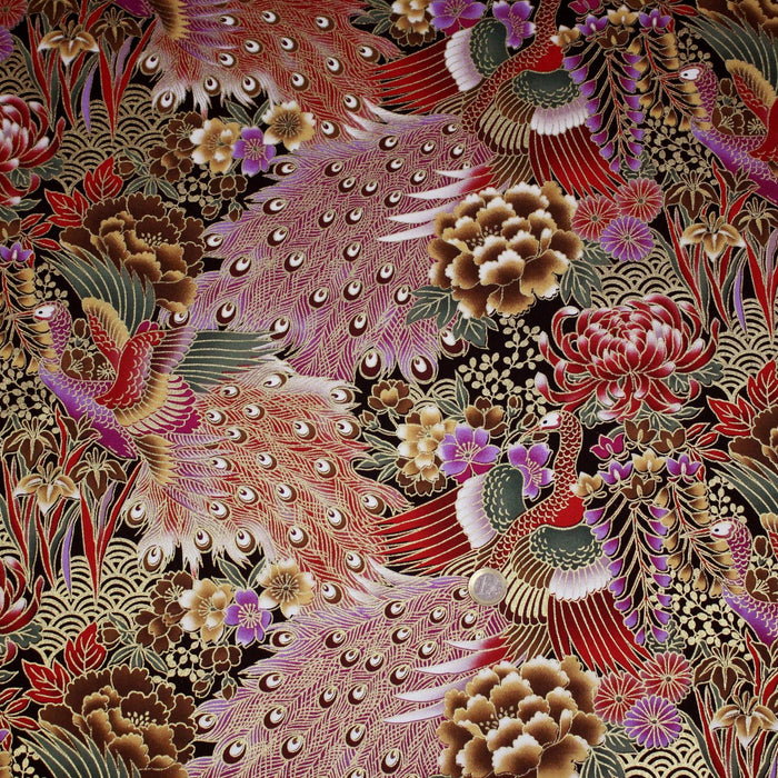 Tissu coton motif japonais aux paons dorés, tons bleus & rouges ou mauves & rouge - COLLECTION JAPON DORÉ - TissusPapi.com