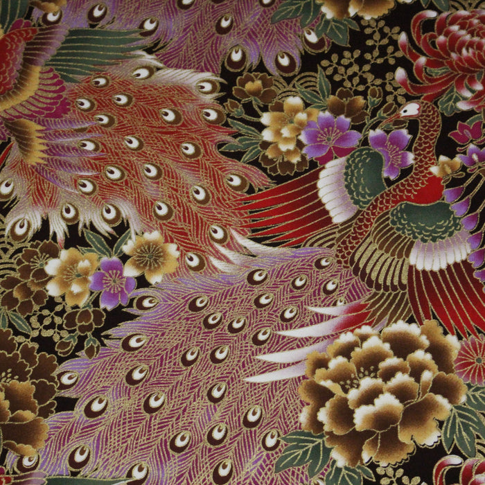 Tissu coton motif japonais aux paons dorés, tons bleus & rouges ou mauves & rouge - COLLECTION JAPON DORÉ - TissusPapi.com
