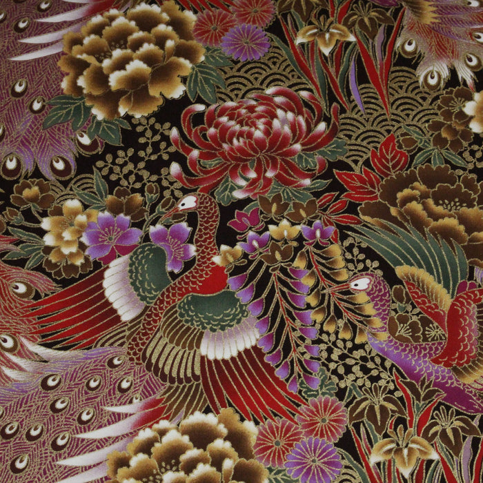 Tissu coton motif japonais aux paons dorés, tons bleus & rouges ou mauves & rouge - COLLECTION JAPON DORÉ - TissusPapi.com