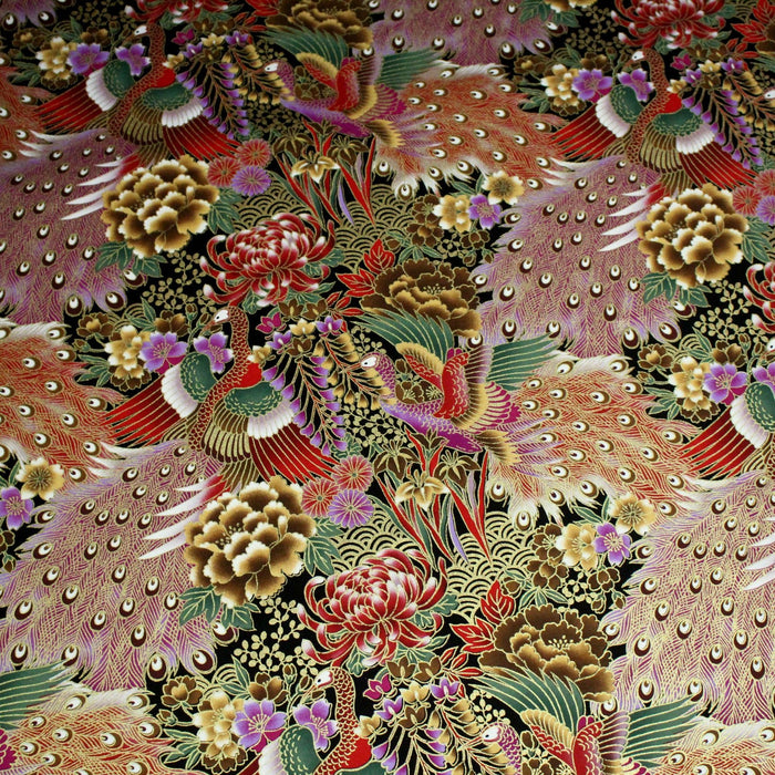 Tissu coton motif japonais aux paons dorés, tons bleus & rouges ou mauves & rouge - COLLECTION JAPON DORÉ - TissusPapi.com