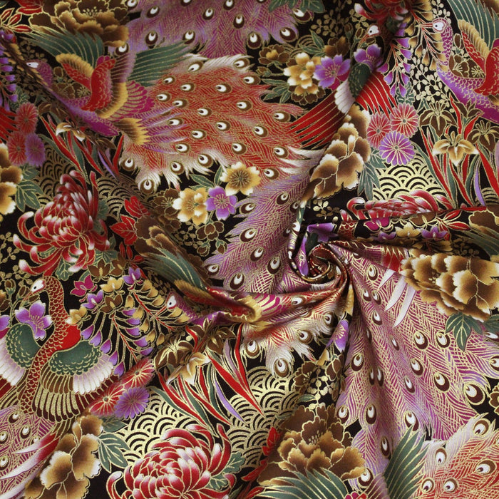 Tissu coton motif japonais aux paons dorés, tons bleus & rouges ou mauves & rouge - COLLECTION JAPON DORÉ - TissusPapi.com