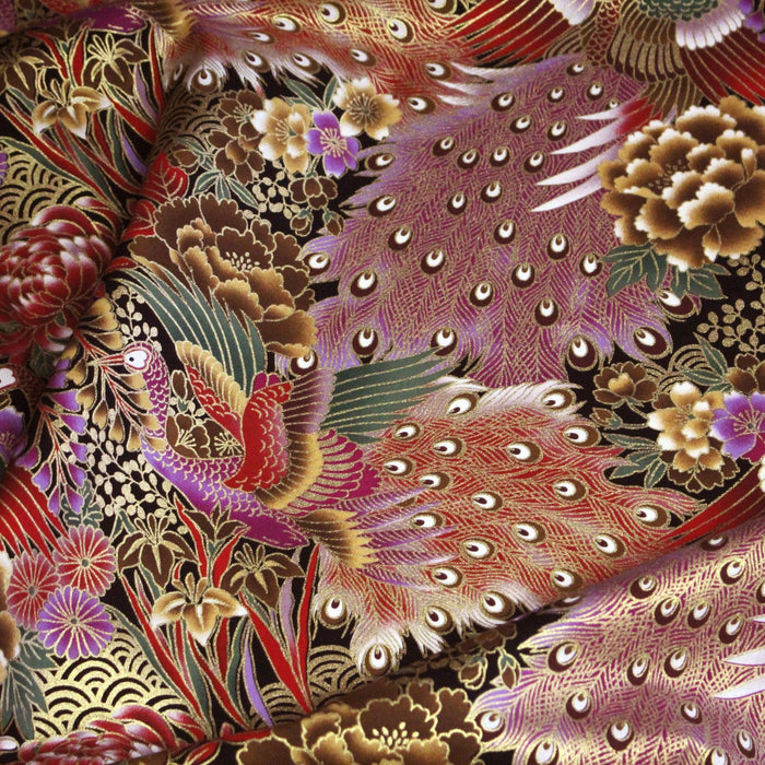 Tissu coton motif japonais aux paons dorés, tons bleus & rouges ou mauves & rouge - COLLECTION JAPON DORÉ - TissusPapi.com