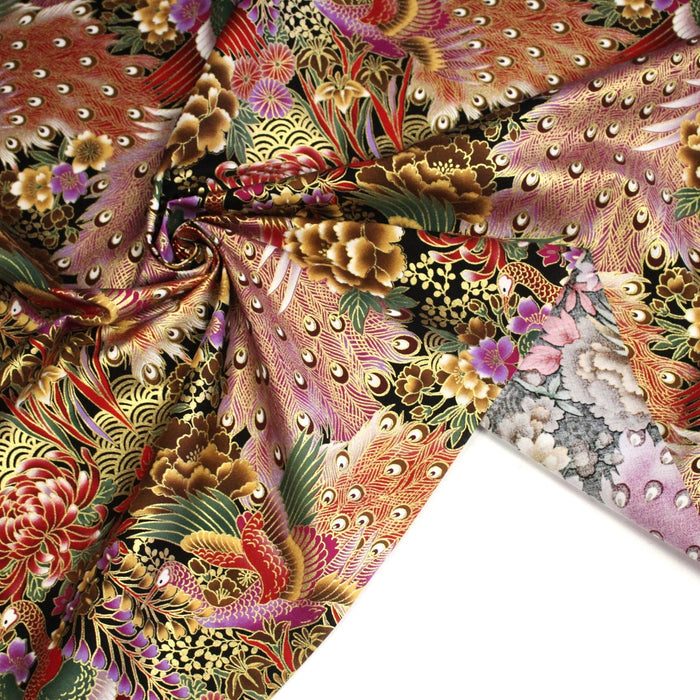 Tissu coton motif japonais aux paons dorés, tons bleus & rouges ou mauves & rouge - COLLECTION JAPON DORÉ - TissusPapi.com