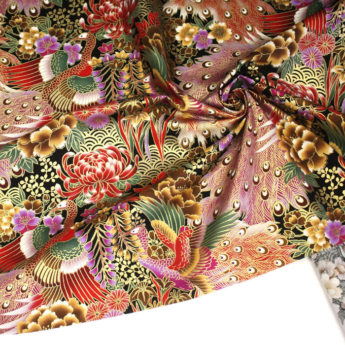Tissu coton motif japonais aux paons dorés, tons bleus & rouges ou mauves & rouge - COLLECTION JAPON DORÉ - TissusPapi.com