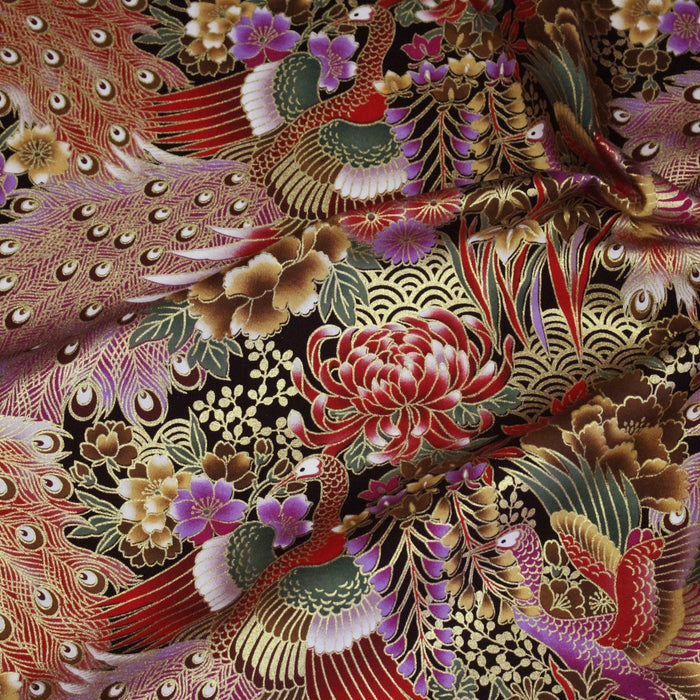 Tissu coton motif japonais aux paons dorés, tons bleus & rouges ou mauves & rouge - COLLECTION JAPON DORÉ - TissusPapi.com
