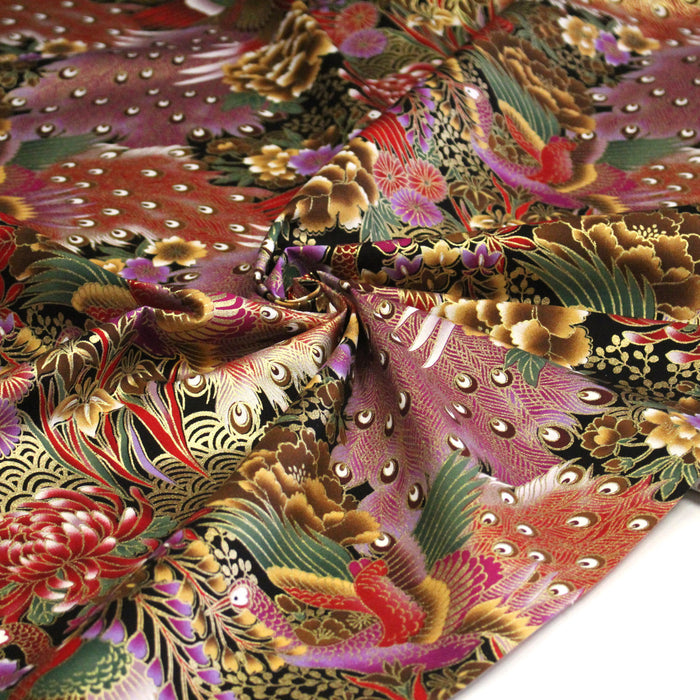 Tissu coton motif japonais aux paons dorés, tons bleus & rouges ou mauves & rouge - COLLECTION JAPON DORÉ - TissusPapi.com