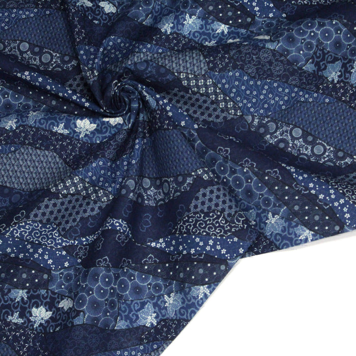 Tissu SHIBUYA, motifs japonais & faux - uni bleu : cotonnade ou gabardine - OEKO - TEX - TissusPapi.com