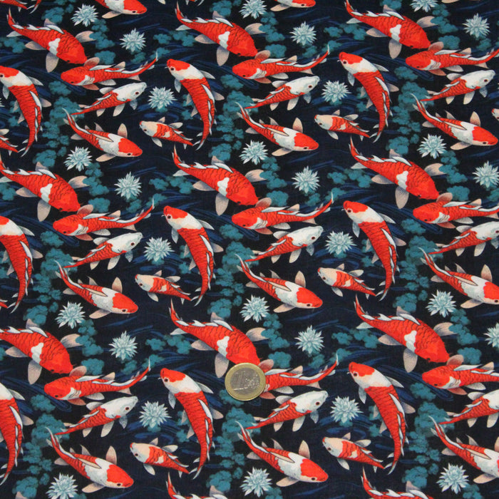 Tissu cotonnade motif japonais KOï aux poissons carpes koï rouges, fleurs et fond bleu - OEKO - TEX - TissusPapi.com