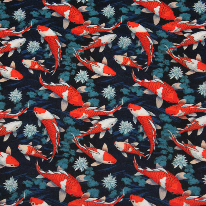Tissu cotonnade motif japonais KOï aux poissons carpes koï rouges, fleurs et fond bleu - OEKO - TEX - TissusPapi.com