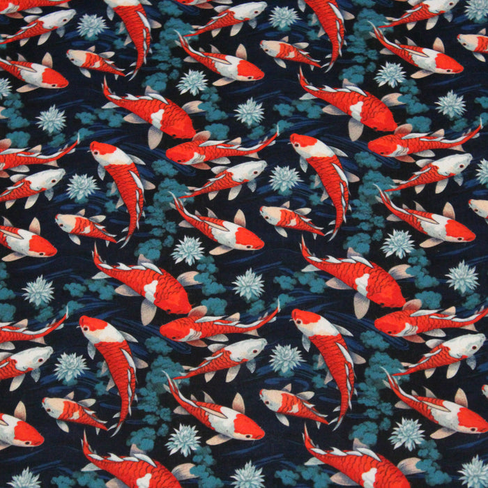 Tissu cotonnade motif japonais KOï aux poissons carpes koï rouges, fleurs et fond bleu - OEKO - TEX - TissusPapi.com