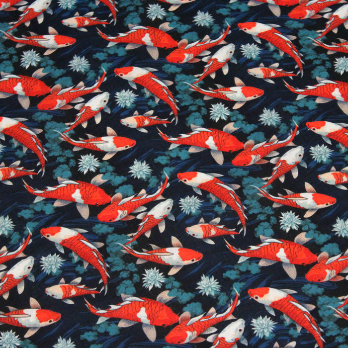 Tissu cotonnade motif japonais KOï aux poissons carpes koï rouges, fleurs et fond bleu - OEKO - TEX - TissusPapi.com