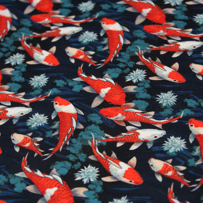 Tissu cotonnade motif japonais KOï aux poissons carpes koï rouges, fleurs et fond bleu - OEKO - TEX - TissusPapi.com