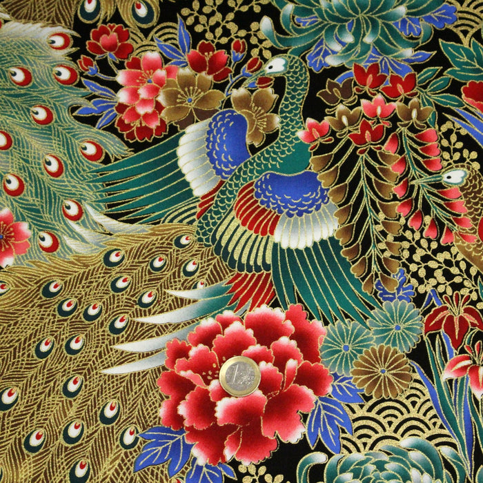 Tissu coton motif japonais aux paons dorés, tons bleus & rouges ou mauves & rouge - COLLECTION JAPON DORÉ - TissusPapi.com