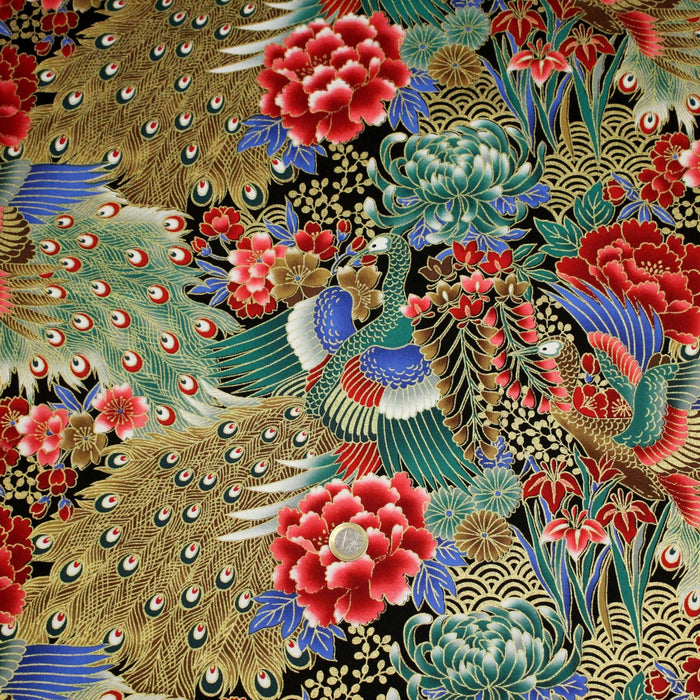 Tissu coton motif japonais aux paons dorés, tons bleus & rouges ou mauves & rouge - COLLECTION JAPON DORÉ - TissusPapi.com