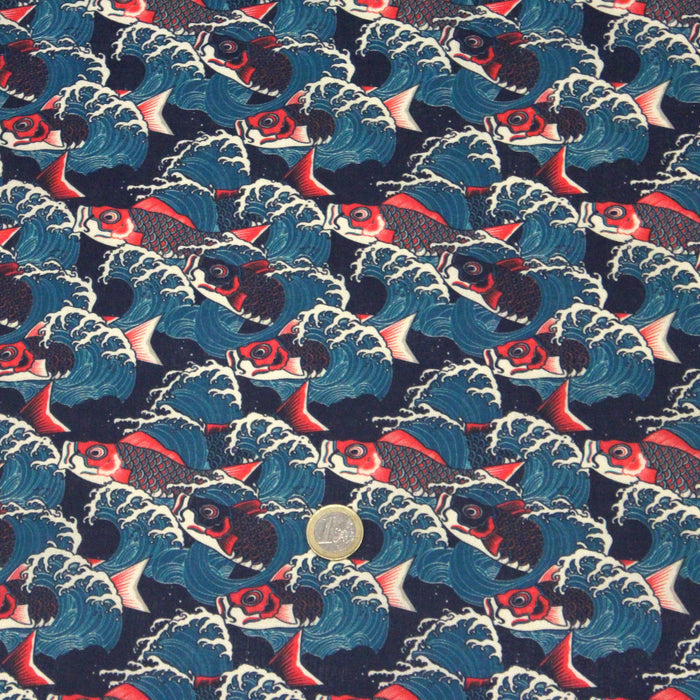 Tissu cotonnade motif japonais KOï aux poissons carpes koï rouges & vagues Hokusai - OEKO - TEX - TissusPapi.com