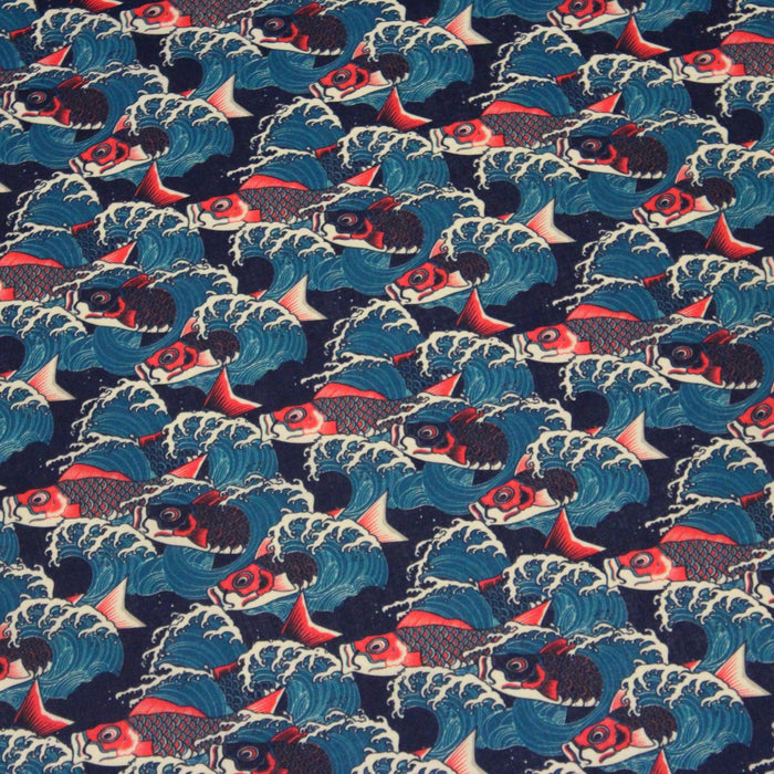 Tissu cotonnade motif japonais KOï aux poissons carpes koï rouges & vagues Hokusai - OEKO - TEX - TissusPapi.com