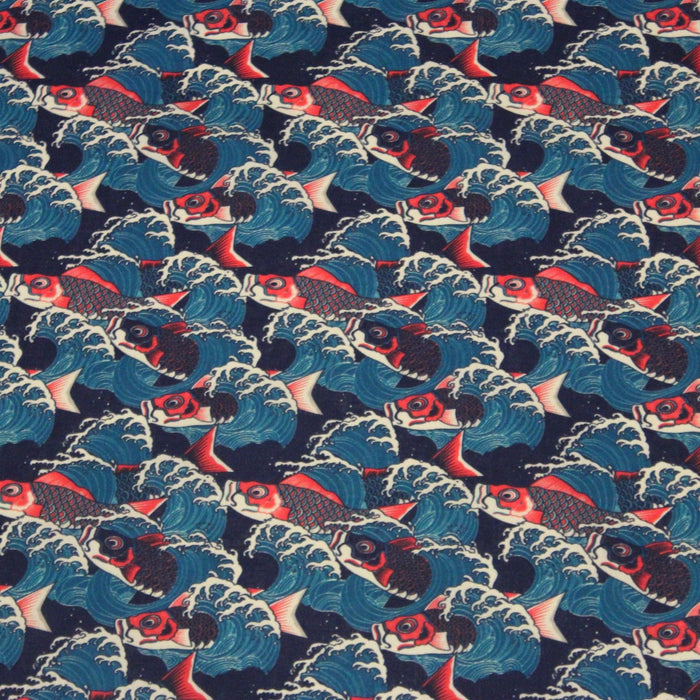 Tissu cotonnade motif japonais KOï aux poissons carpes koï rouges & vagues Hokusai - OEKO - TEX - TissusPapi.com