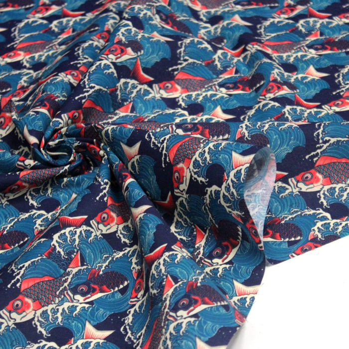 Tissu cotonnade motif japonais KOï aux poissons carpes koï rouges & vagues Hokusai - OEKO - TEX - TissusPapi.com