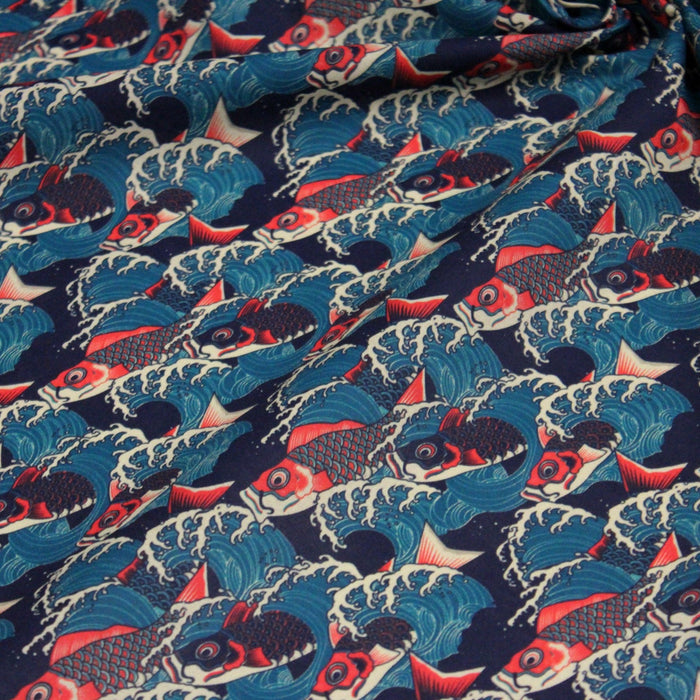 Tissu cotonnade motif japonais KOï aux poissons carpes koï rouges & vagues Hokusai - OEKO - TEX - TissusPapi.com