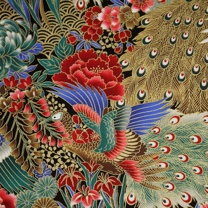 Tissu coton motif japonais aux paons dorés, tons bleus & rouges ou mauves & rouge - COLLECTION JAPON DORÉ - TissusPapi.com