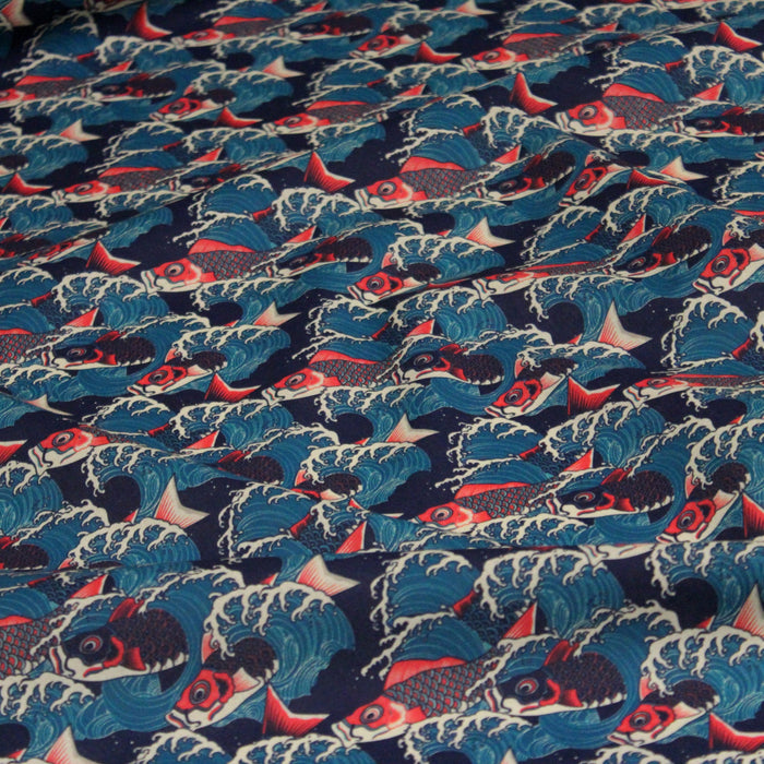 Tissu cotonnade motif japonais KOï aux poissons carpes koï rouges & vagues Hokusai - OEKO - TEX - TissusPapi.com