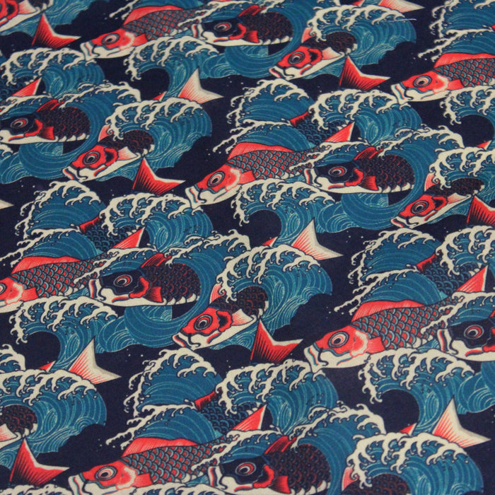 Tissu cotonnade motif japonais KOï aux poissons carpes koï rouges & vagues Hokusai