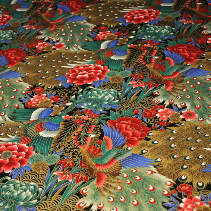 Tissu coton motif japonais aux paons dorés, tons bleus & rouges ou mauves & rouge - COLLECTION JAPON DORÉ - TissusPapi.com