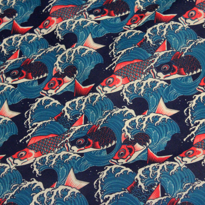 Tissu cotonnade motif japonais KOï aux poissons carpes koï rouges & vagues Hokusai