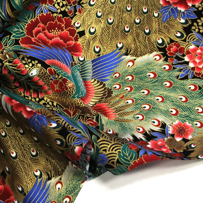 Tissu coton motif japonais aux paons dorés, tons bleus & rouges ou mauves & rouge - COLLECTION JAPON DORÉ - TissusPapi.com