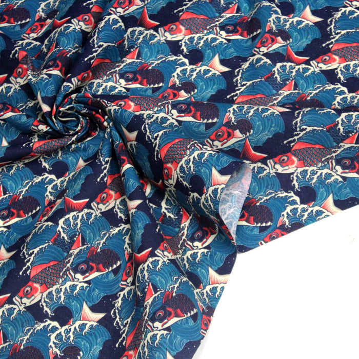 Tissu cotonnade motif japonais KOï aux poissons carpes koï rouges & vagues Hokusai