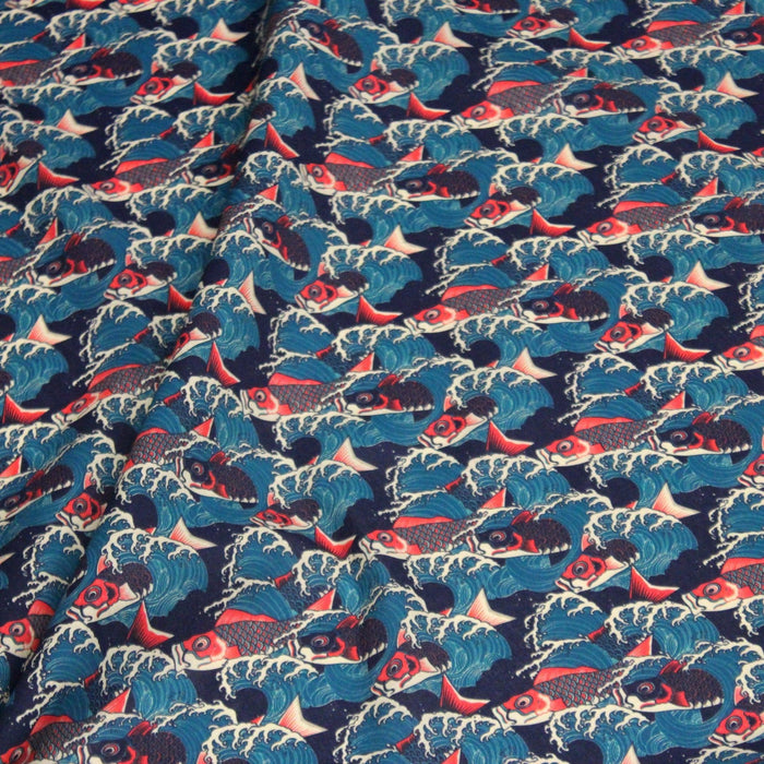 Tissu cotonnade motif japonais KOï aux poissons carpes koï rouges & vagues Hokusai - OEKO - TEX - TissusPapi.com