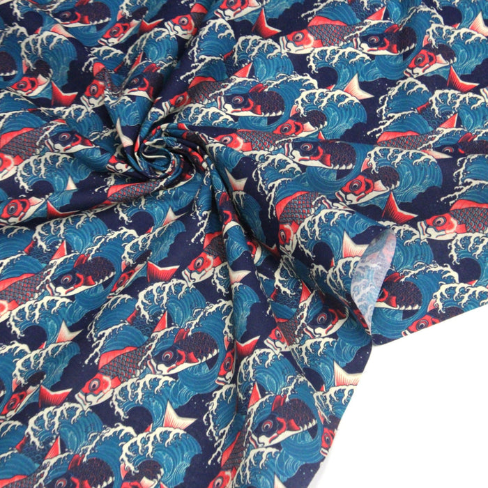 Tissu cotonnade motif japonais KOï aux poissons carpes koï rouges & vagues Hokusai - OEKO - TEX - TissusPapi.com