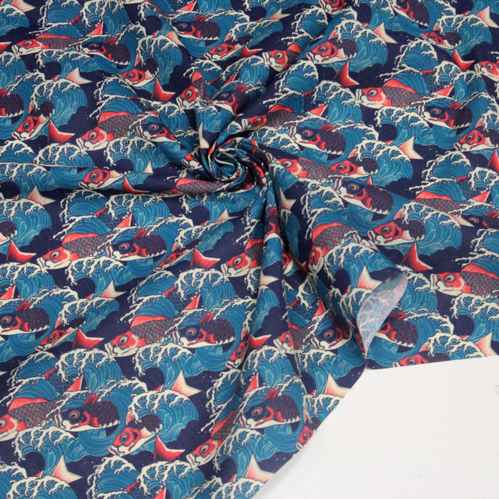 Tissu cotonnade motif japonais KOï aux poissons carpes koï rouges & vagues Hokusai - OEKO - TEX - TissusPapi.com