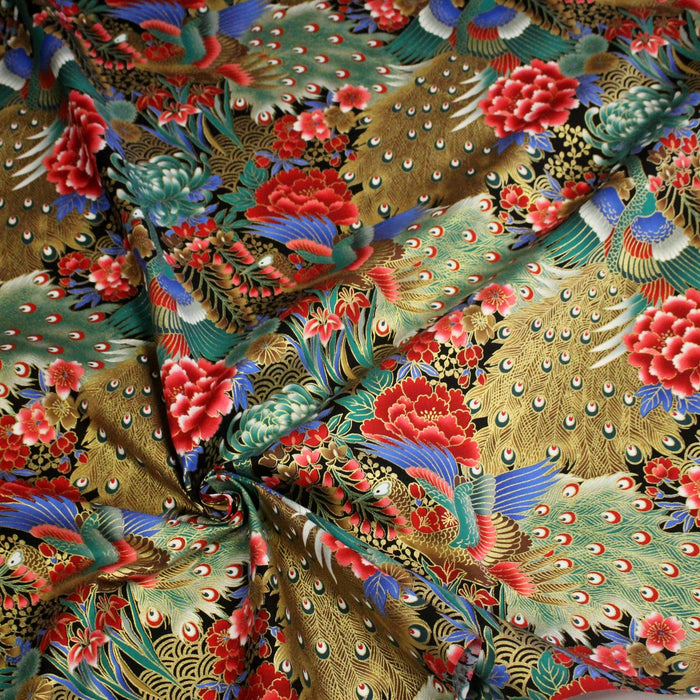 Tissu coton motif japonais aux paons dorés, tons bleus & rouges ou mauves & rouge - COLLECTION JAPON DORÉ - TissusPapi.com