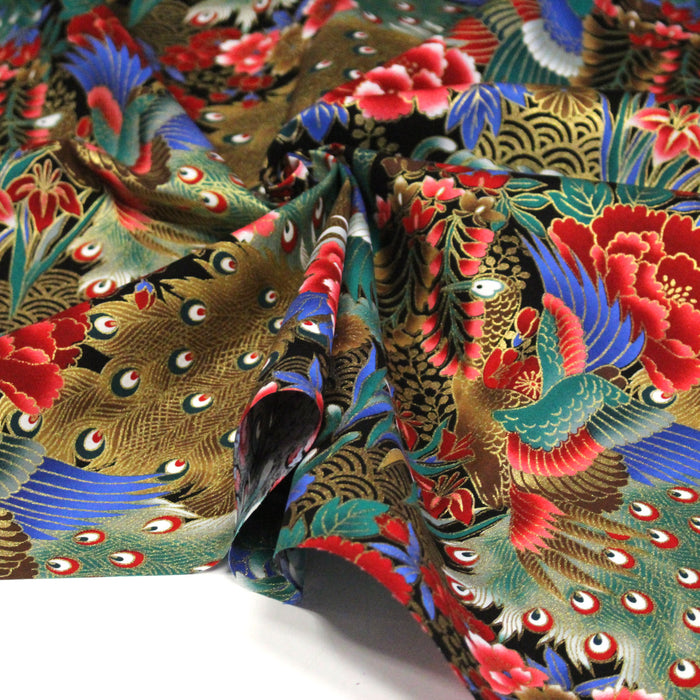 Tissu coton motif japonais aux paons dorés, tons bleus & rouges ou mauves & rouge - COLLECTION JAPON DORÉ - TissusPapi.com