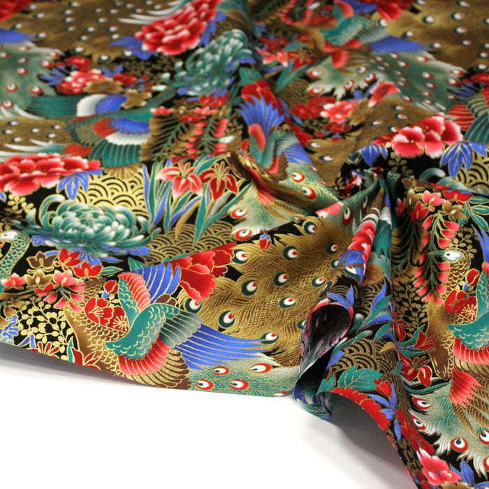 Tissu coton motif japonais aux paons dorés, tons bleus & rouges ou mauves & rouge - COLLECTION JAPON DORÉ - TissusPapi.com