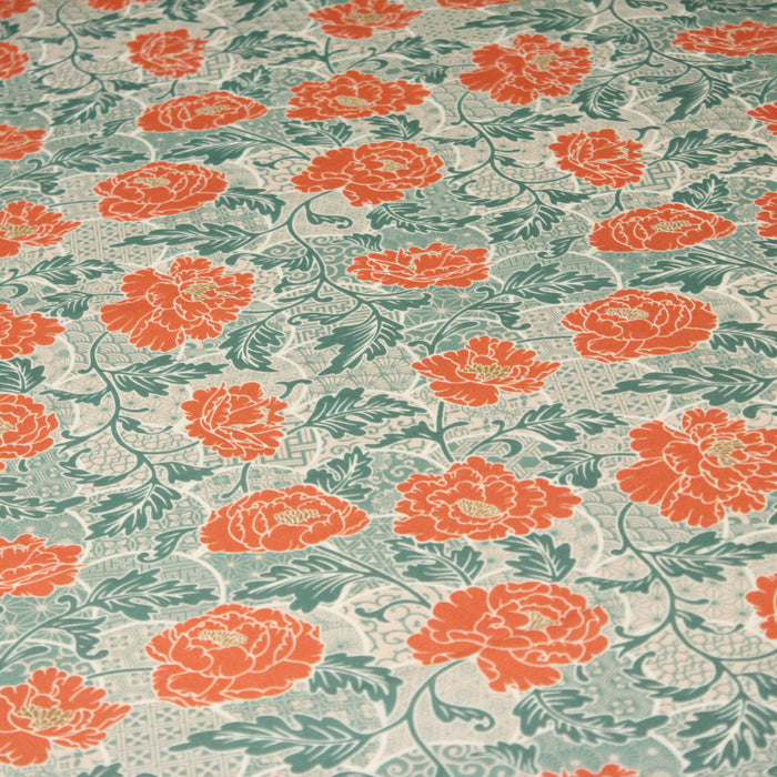 Tissu cotonnade NAOSHIMA fleurs pivoine oranges et motifs japonais vert amande