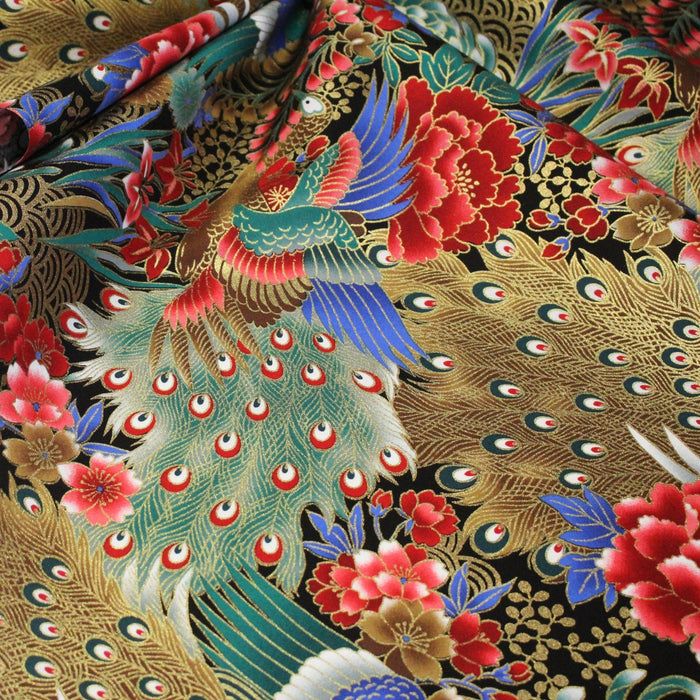 Tissu coton motif japonais aux paons dorés, tons bleus & rouges ou mauves & rouge - COLLECTION JAPON DORÉ - TissusPapi.com