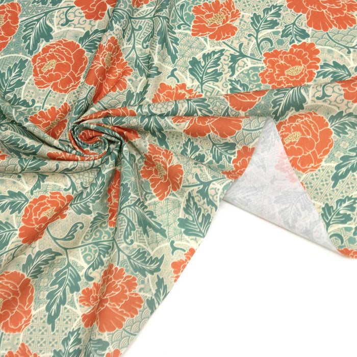 Tissu cotonnade NAOSHIMA fleurs pivoine oranges et motifs japonais vert amande - OEKO - TEX - TissusPapi.com