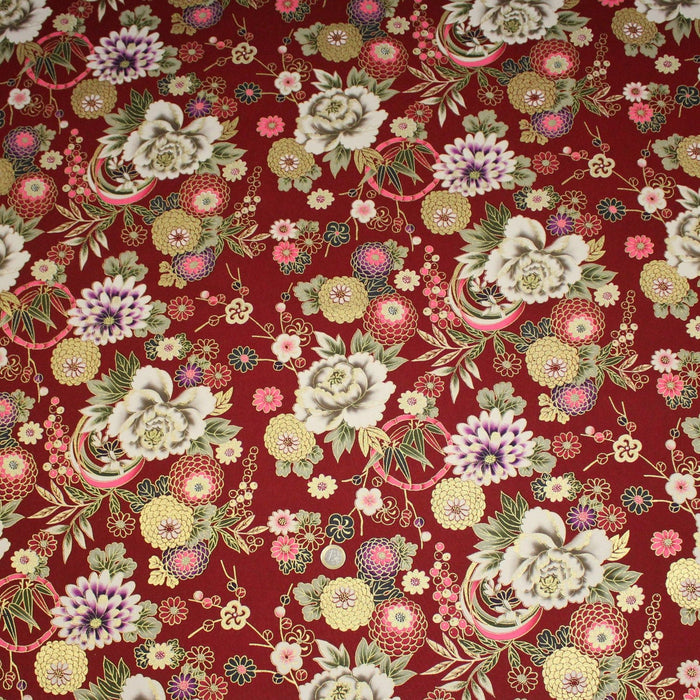 Tissu coton motif japonais aux fleurs dorées, fond bleu ou rouge - COLLECTION JAPON DORÉ - TissusPapi.com