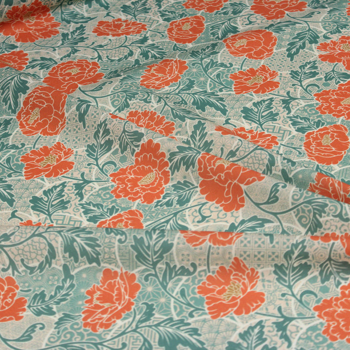 Tissu cotonnade NAOSHIMA fleurs pivoine oranges et motifs japonais vert amande